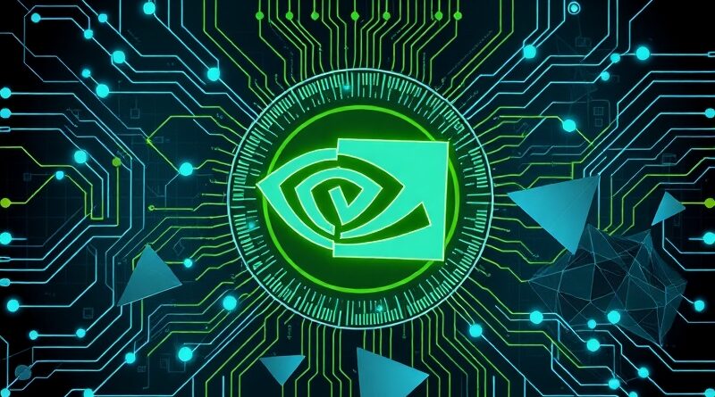 Abstrakcyjne połączenie obwodów i sieci neuronowych z logo Nvidia i Groq w futurystycznej, błękitno-zielonej stylistyce cyfrowej.