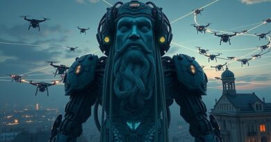 Golem z włókien i obwodów strzeże futurystycznego miasta, symbol europejskiej strategii obronnej opartej na AI.