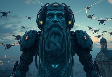 Golem z włókien i obwodów strzeże futurystycznego miasta, symbol europejskiej strategii obronnej opartej na AI.