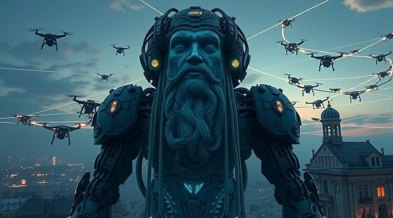 Golem z włókien i obwodów strzeże futurystycznego miasta, symbol europejskiej strategii obronnej opartej na AI.