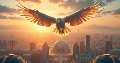 Bielik w locie nad miastem z obwodów drukowanych symbolizuje polską innowację AI, Bielik v3.