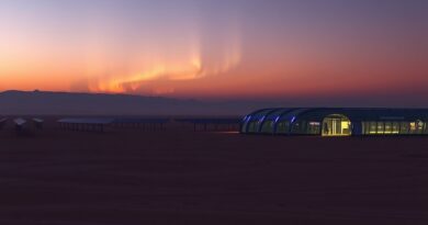 Futurystyczne centrum danych na pustyni pod zorzą polarną, tania moc obliczeniowa Arabii Saudyjskiej.