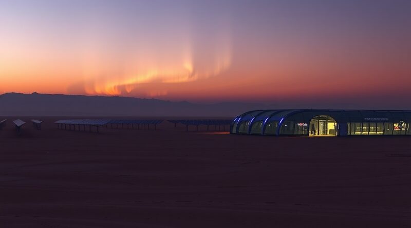 Futurystyczne centrum danych na pustyni pod zorzą polarną, tania moc obliczeniowa Arabii Saudyjskiej.