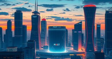 Futurystyczny, inspirowany Polską krajobraz miejski z fabrykami AI: PIAST i Gaia.