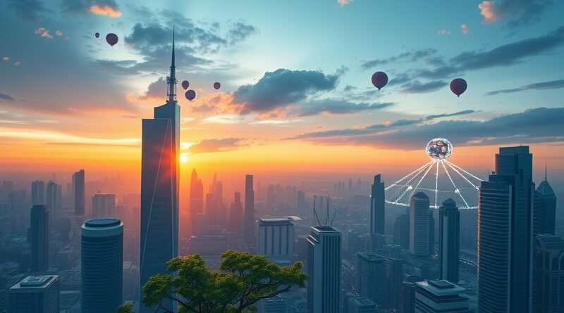 Futurystyczne miasto o świcie: AI jako fundament gospodarki, zrównoważona technologia i bezpieczeństwo danych w chmurze.