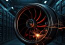 Turbina silnika odrzutowego w serwerowni, iskrzące ostrza – energia dla sztucznej inteligencji.