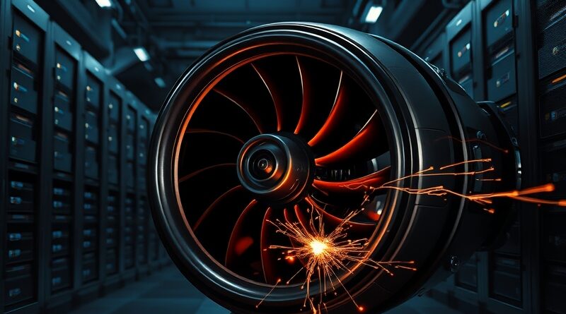 Turbina silnika odrzutowego w serwerowni, iskrzące ostrza – energia dla sztucznej inteligencji.