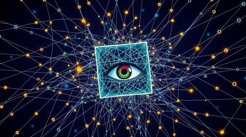 Przejrzysta sieć wiedzy, oko symbolizujące wgląd, pokonuje ciemny sześcian "Black Box AI".