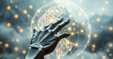 Cyfrowy glob z neuralnymi ścieżkami, dłoń Manus z metalu, chiński krajobraz. Fuzja technologii i tradycji.