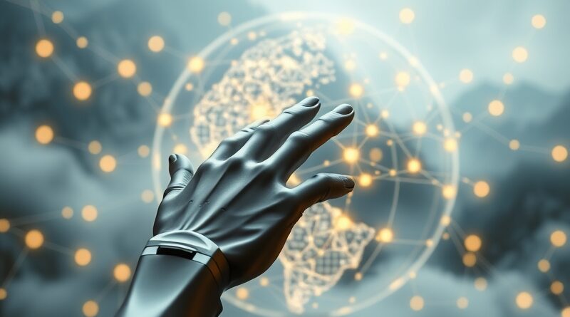 Cyfrowy glob z neuralnymi ścieżkami, dłoń Manus z metalu, chiński krajobraz. Fuzja technologii i tradycji.