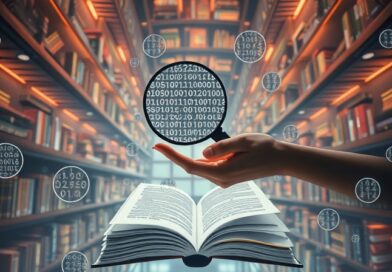 Eteryczna biblioteka AI z książkami, binarnym kodem i ręką oferującą lupę do algorytmów.