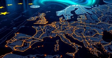 Europa jako gigantyczna płyta główna, szlaki danych prowadzą do Polski, cyfrowej fortecy. Aurora borealis z flagą UE.