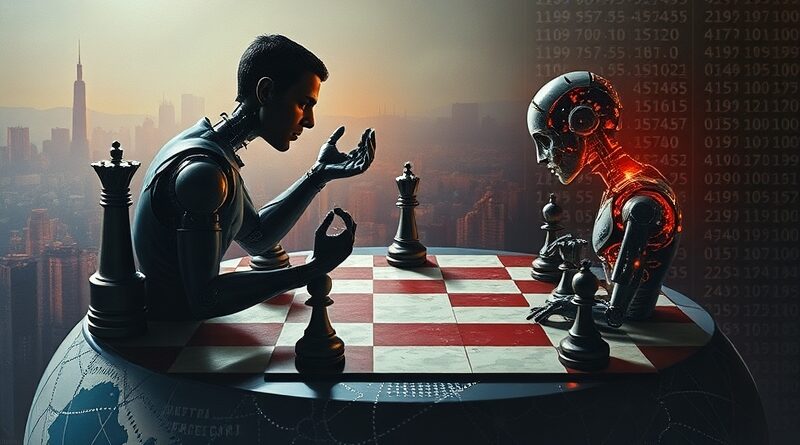 Szachowy pojedynek: człowiek kontra AI nad globalną mapą, symbol geopolitycznej rywalizacji o dominację.