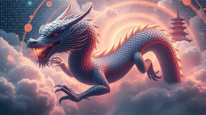 Koreański smok z krzemowych płytek wyłania się z technologicznej mgławicy, w tle tajwańska pagoda.