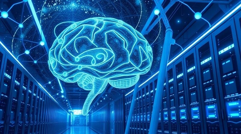 Wirująca nebula kodu i gwiezdnego pyłu formuje mózg połączony z serwerownią, symbolizując przyszłość inteligencji xAI.