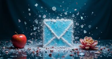 Rozbity klient poczty, cyfrowa vanitas. Ulotna twarz AI, jabłko, więdnący kwiat, zegar bez wskazówek.