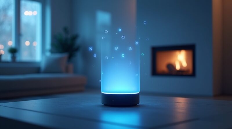 Minimalistyczne, futurystyczne wnętrze smart home z eteryczną Alexą+, fundamentem ekosystemu Prime. Integracja, AI, spokój.