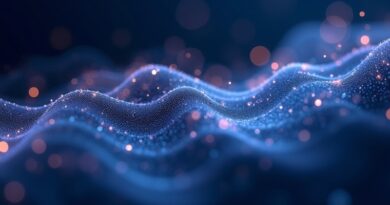 Abstrakcyjna sieć z połączonych nici światła symbolizuje współpracę AI w sektorze finansowym i telekomunikacyjnym.