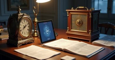 Biurko z zegarem "AI logins", pękniętą prasą drukarską i korporacyjnymi dokumentami. Symbolika napięcia i decayu w korporacji.