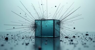 Pękająca szklana sieć neuronowa wokół żelaznego bloku symbolizuje "barierę błędów" AI.