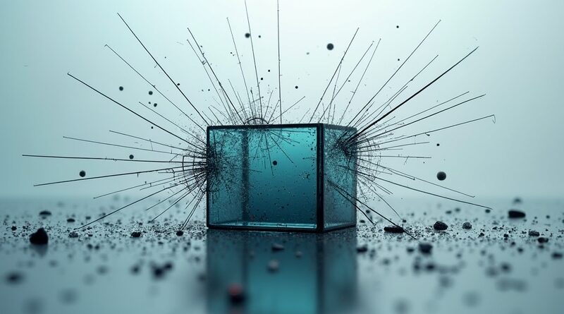 Pękająca szklana sieć neuronowa wokół żelaznego bloku symbolizuje "barierę błędów" AI.
