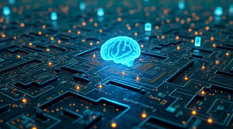 Stylizowany labirynt płyty głównej, symbolizujący GridWorld, z centralnym, niebieskim AI oraz robotami w tle.