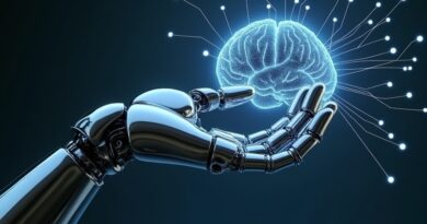 Futurystyczna, chromowana ręka robota kreśli w powietrzu algorytmy, symbolizując cichą rewolucję agentów AI.