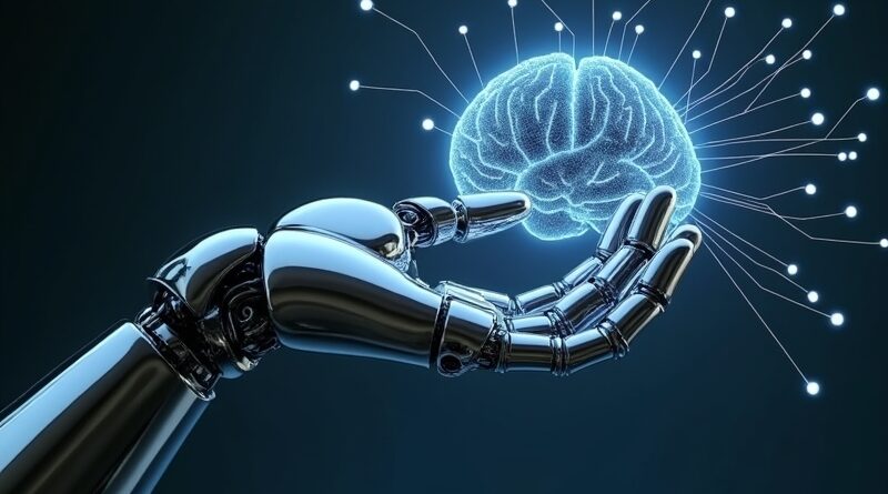 Futurystyczna, chromowana ręka robota kreśli w powietrzu algorytmy, symbolizując cichą rewolucję agentów AI.