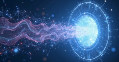 Holograficzny portal danych: chaos przetwarza się w porządek, symbolizując wydajność i precyzję DeepSeek OCR 2.