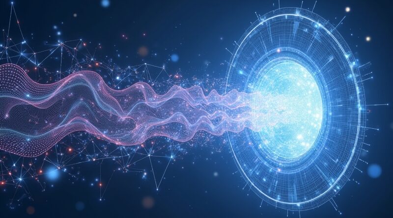 Holograficzny portal danych: chaos przetwarza się w porządek, symbolizując wydajność i precyzję DeepSeek OCR 2.