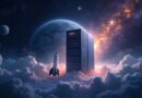 Kosmiczna serwerownia SpaceX otoczona planetami, z rakietą zbliżającą się, symbolizująca przeniesienie danych w kosmos.