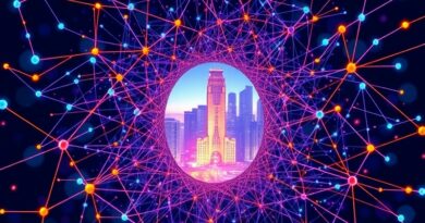 Abstrakcyjna wizja sieci neuronowych w kształcie dziurki od klucza, ukazująca futurystyczne miasto AI Studio.