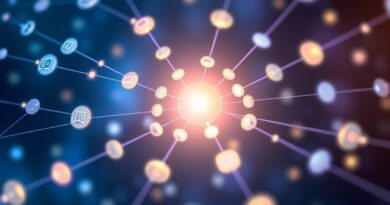 Abstrakcyjna sieć połączonych, świecących węzłów, symbolizująca zautomatyzowane badania i integrację NotebookLM z Opal.