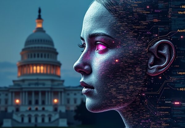 Zfragmentowana twarz AI z kodu binarnego i mrocznych danych, symbolizująca Grok AI pod ostrzałem.