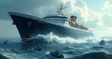 Abstrakcyjna metafora: nowoczesny liniowiec Intel (układy scalone) przecina ocean zielonych łodzi Nvidia. Walka o rynek GPU.