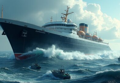 Abstrakcyjna metafora: nowoczesny liniowiec Intel (układy scalone) przecina ocean zielonych łodzi Nvidia. Walka o rynek GPU.