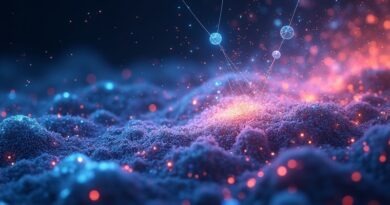 Dynamiczny, cyfrowy krajobraz: elementy stron rekonfigurują się pod wpływem agentów AI, symbolizując personalizację Fibr AI.