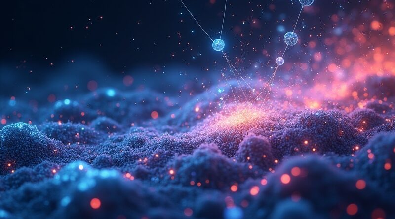 Dynamiczny, cyfrowy krajobraz: elementy stron rekonfigurują się pod wpływem agentów AI, symbolizując personalizację Fibr AI.