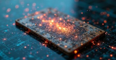 Dziurkowana karta rozpada się na fragmenty, z których powstaje sieć neuronowa na tle spadających wykresów.