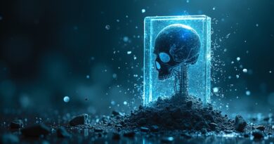 Kruchy cyfrowy fort: obnażone obwody, rozbita tarcza, zwiastun chaosu AI i luk bezpieczeństwa.