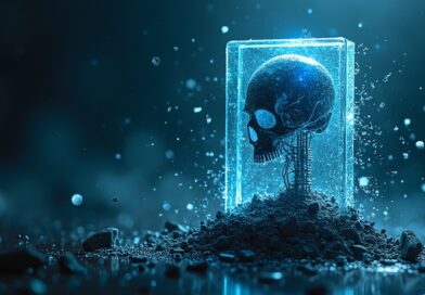 Kruchy cyfrowy fort: obnażone obwody, rozbita tarcza, zwiastun chaosu AI i luk bezpieczeństwa.