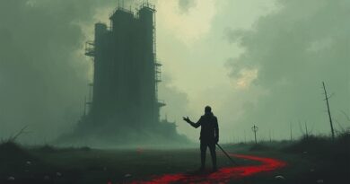 Sylwetka człowieka na tle militarnej budowli. Czerwona linia symbolizuje zerwane połączenie, przechodzące w binarny kod.