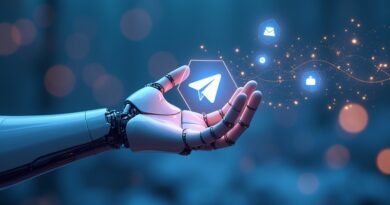 Eteryczna dłoń robota dotyka logo Telegrama, symbolizując debiut technologii Manus.