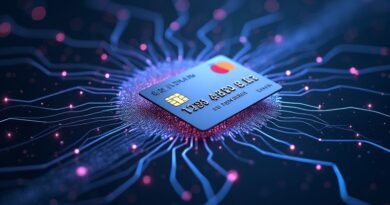 Świecący obwód scalony w kształcie mózgu, karta Mastercard, cyfrowy kod symbolizujący autonomiczne transakcje.