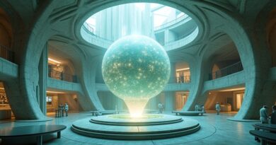 Futurystyczne laboratorium World Labs z hologramami i lśniącą sferą, symbolizujące przestrzenną inteligencję.