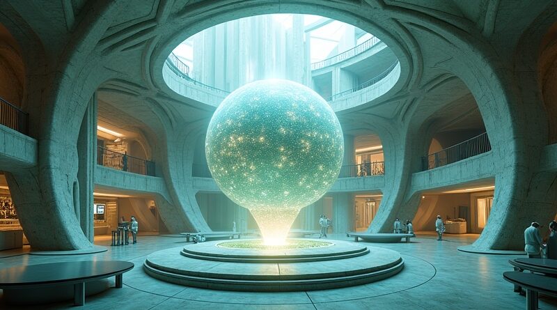 Futurystyczne laboratorium World Labs z hologramami i lśniącą sferą, symbolizujące przestrzenną inteligencję.