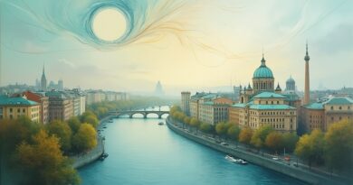 Eteryczna wizja europejskich miast spowitych wiatrem Mistral, symbolizująca przepływ AI przez Accenture.