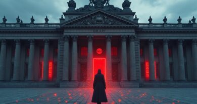 Monumentalny budynek niemieckiej Wikipedii odrzuca eteryczną postać AI, podkreślony kontrast barw i gotyckie detale.