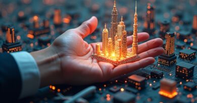 Dłoń subtelnie prowadzi świecące, futurystyczne miasto obwodów, symbolizując kontrolę człowieka nad AI.