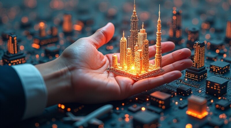 Dłoń subtelnie prowadzi świecące, futurystyczne miasto obwodów, symbolizując kontrolę człowieka nad AI.